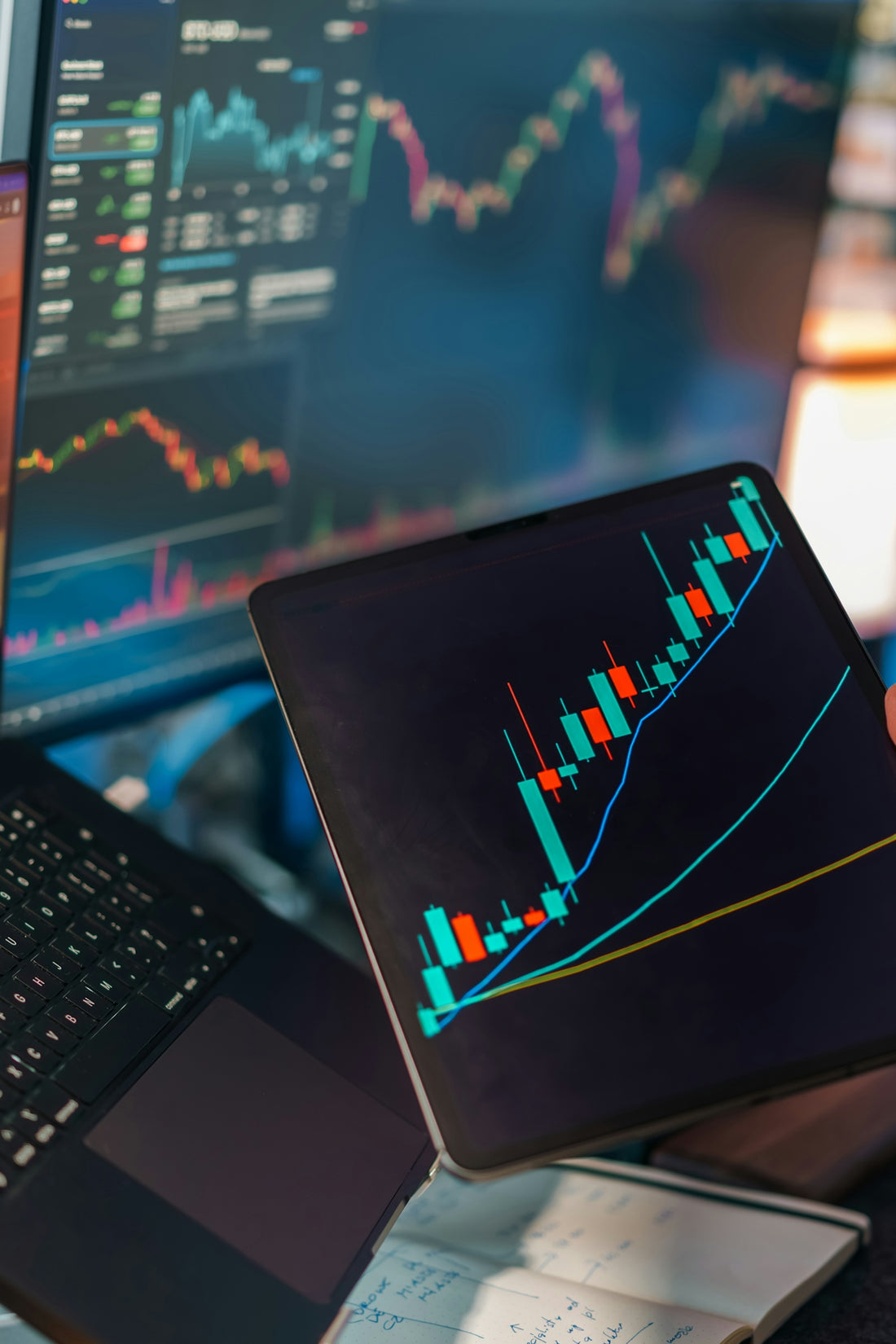 Trading charts displayed on multiple screens and tablet