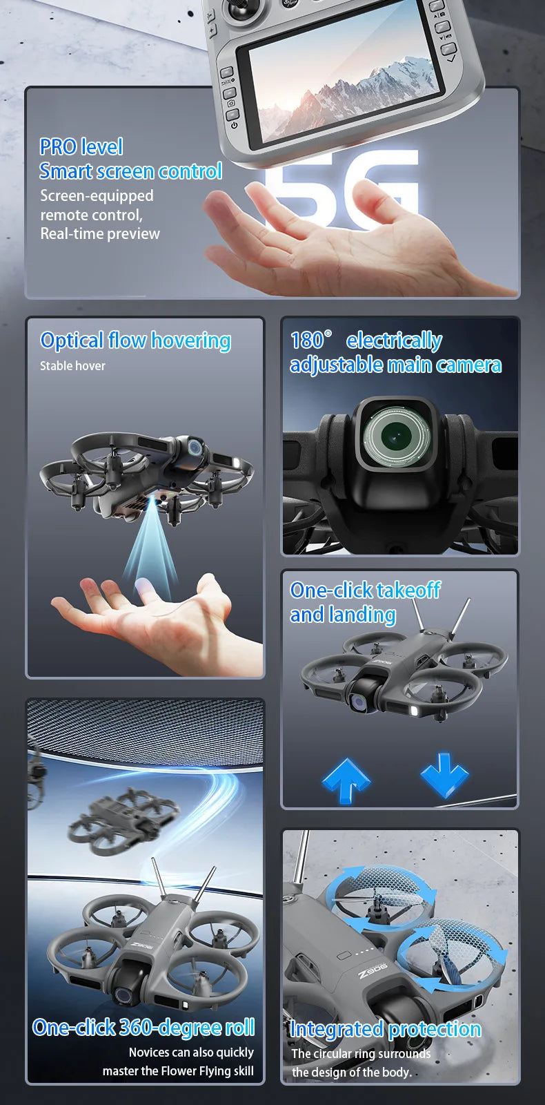 New Z906 Mini FPV Drone Big Screen Remote 180° Electric Adjust 4K Camera 3-Side Obstacle Avoidance Optical Flow With Landing Pad