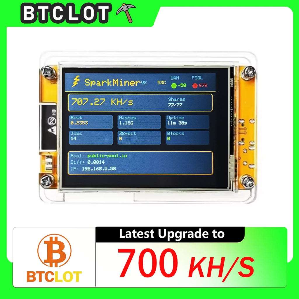 NEW! SparkMiner 700kH/s + Case⚡2x Faster Than Nerdminer BTC Solo Lottery Miner Bitcoin Crypto 2.8" Smart Display