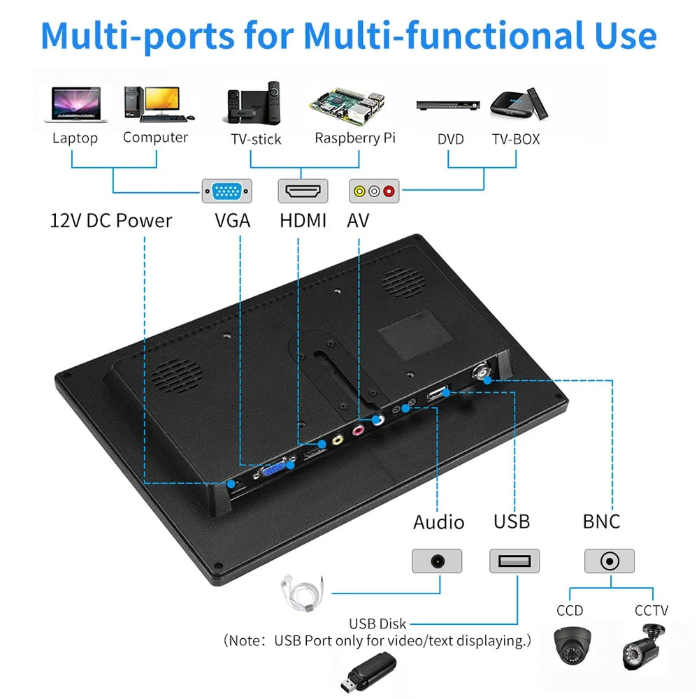 Hot Portable Monitor 11.6/10.1 Inch Small Display with HDMI VGA AV BNC USB Interface for Laptop Raspberry Pi Computer Monitor