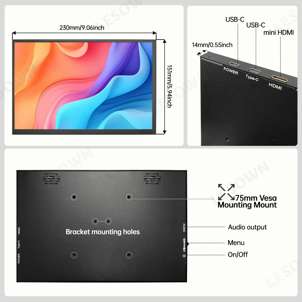 LESOWN Small Portable Monitor 10.1'' IPS 1280x800 USB C HDMI Laptop Second Screen External Display for Document Work PC