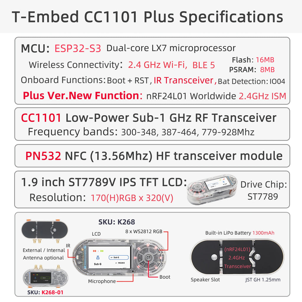 LILYGO® T-Embed ESP32-S3 CC1101 Low-Power Sub-1 GHz RF Transceiver PN532 NFC RFID I2C Module LCD Board Built-in Battery 1300mAh