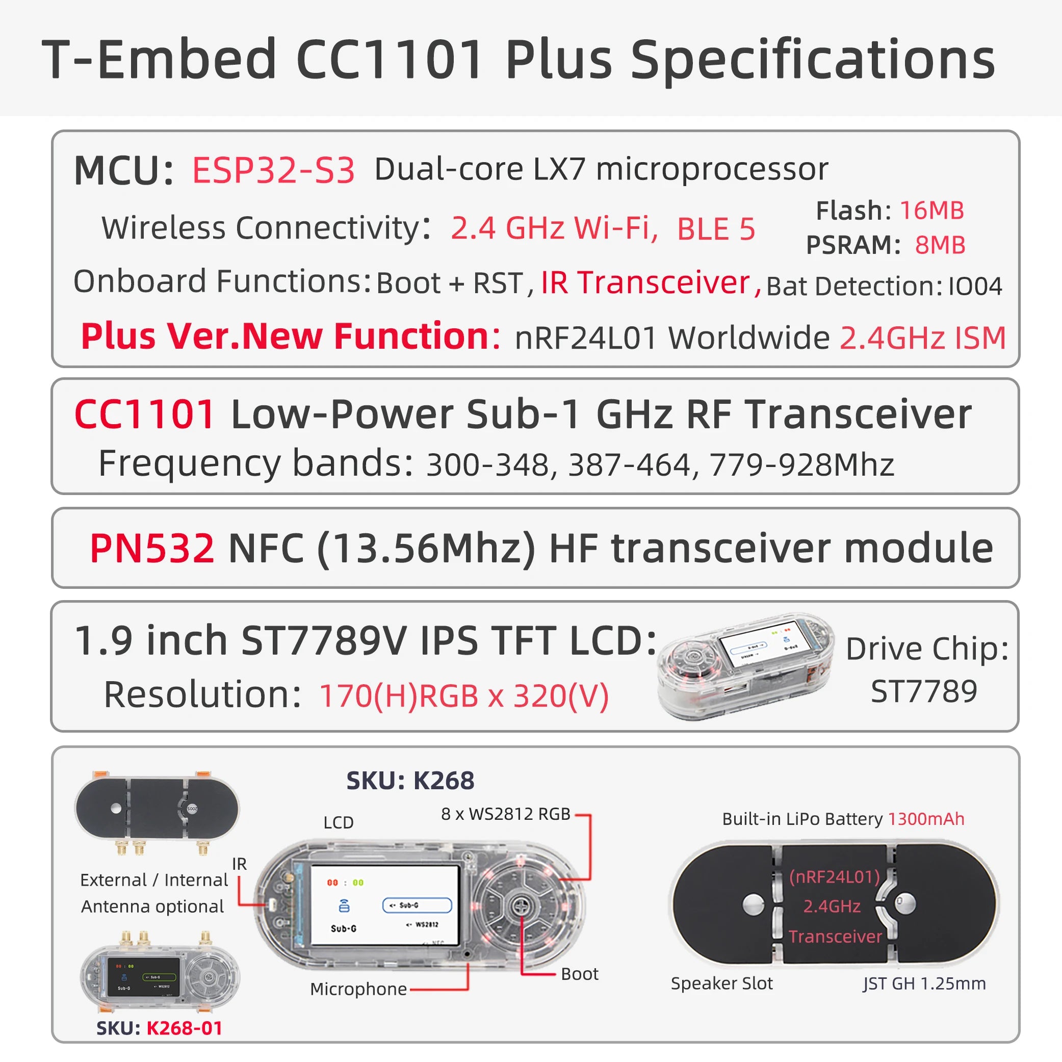 LILYGO® T-Embed ESP32-S3 CC1101 Low-Power Sub-1 GHz RF Transceiver PN532 NFC RFID I2C Module LCD Board Built-in Battery 1300mAh