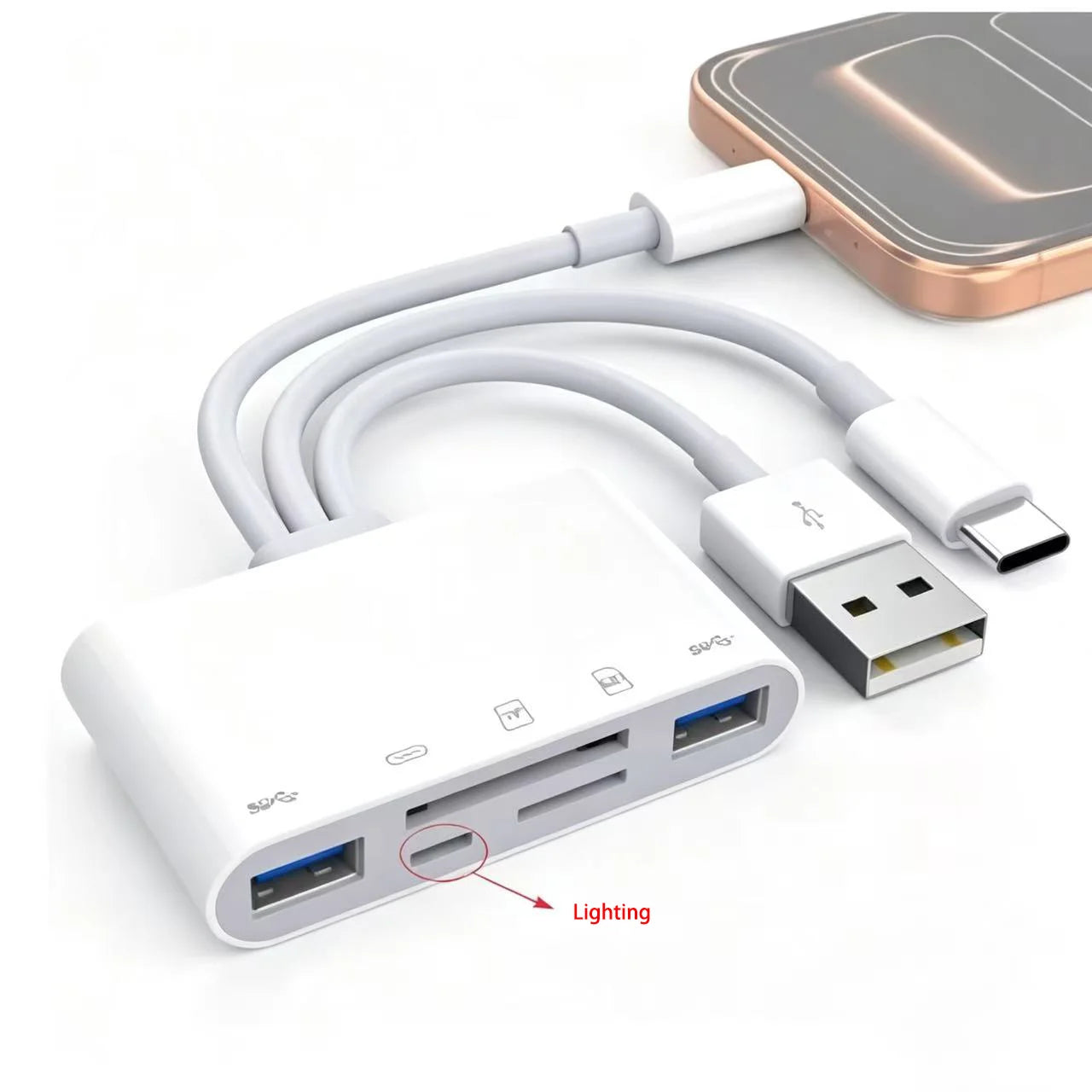 5‑in‑1 USB 3.0 Card Reader Lightning Type C SD TF Memory Card Adapter for iPhone iPad MacBook Samsung Android Phone Laptop