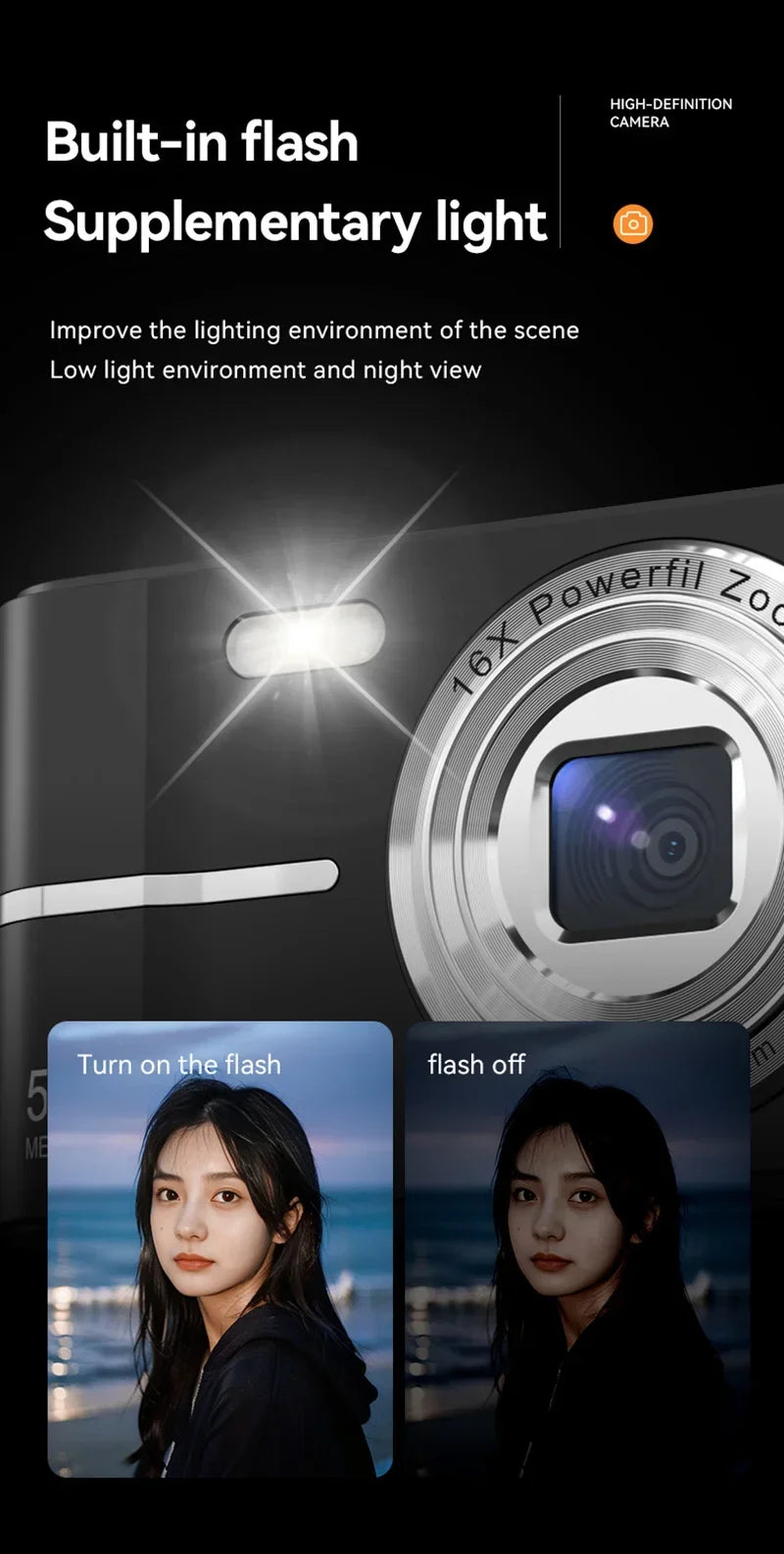 Lenovo 5K Digital Camera 50MP 16X Student Camera Outdoor Anti-Shake Digital Video Camera Flash Video Recorder Small Video Camera