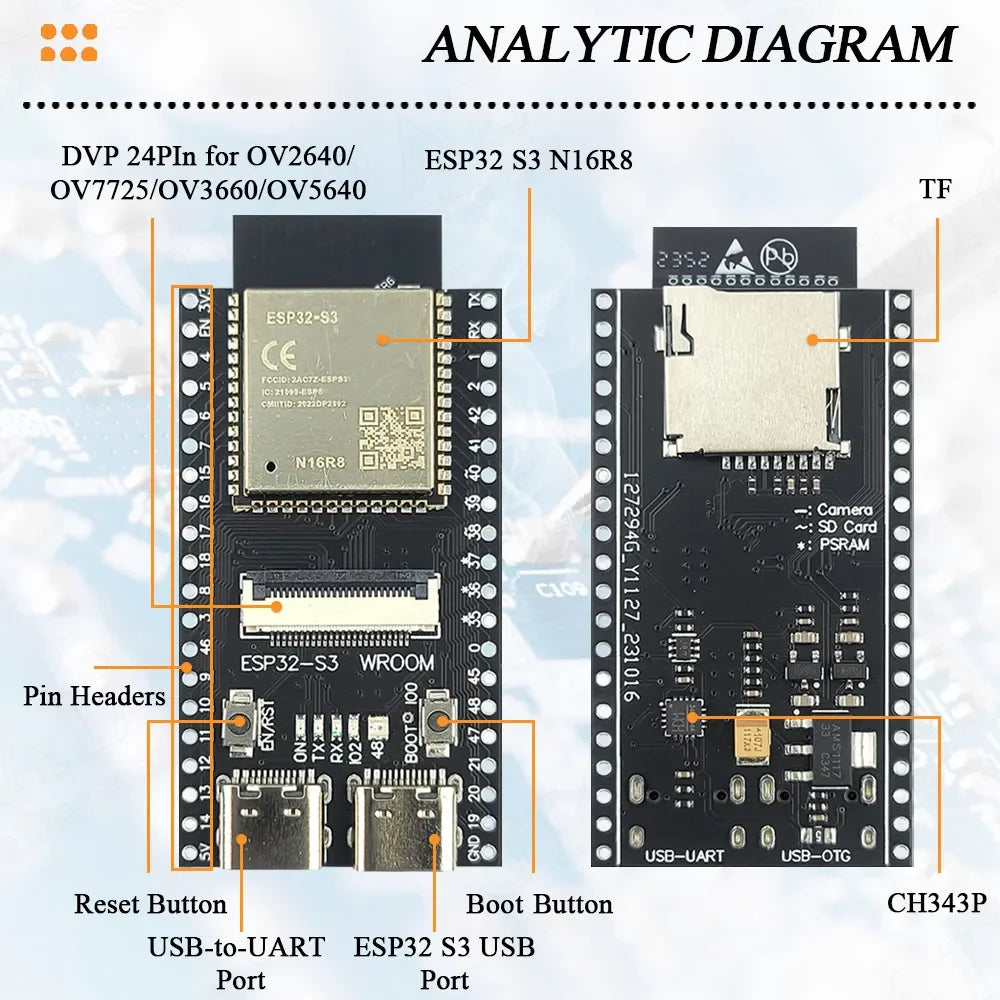 ESP32 S3 N16R8 CAM Development Board 2.4G Wifi BT Camera Module for OV2640 OV5640 8MB PSRAM 16MB FLASH ESP32-S3WROOM N16R8
