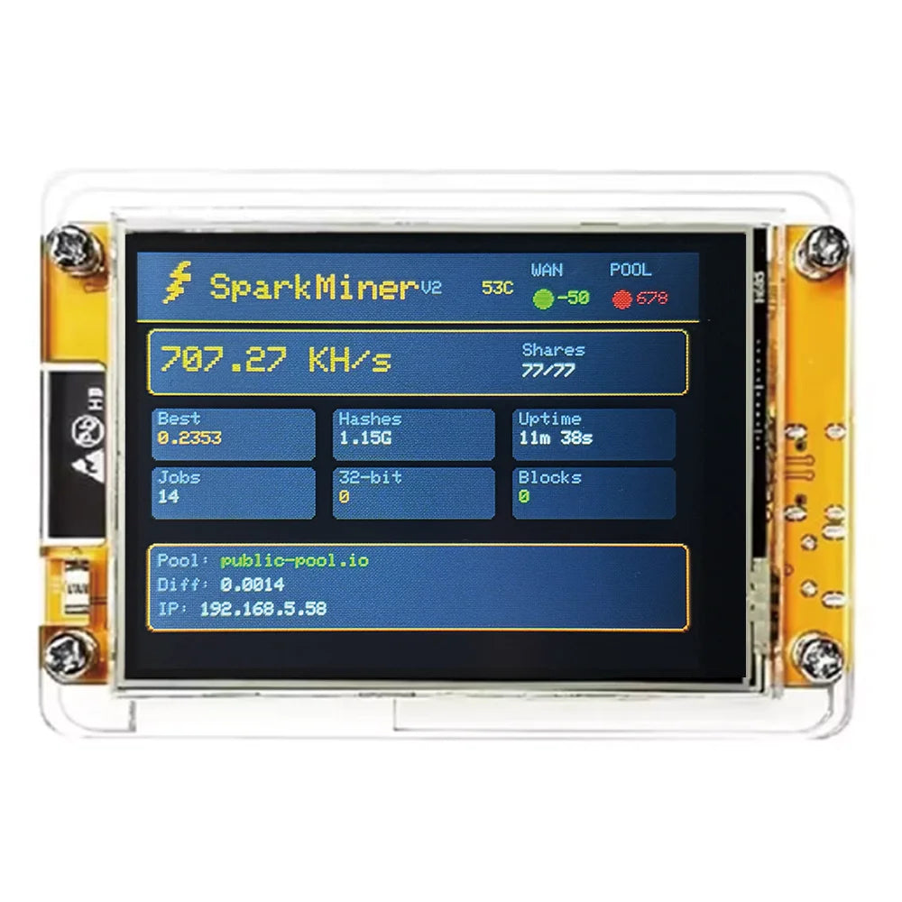 NEW! SparkMiner 700kH/s + Case⚡2x Faster Than Nerdminer BTC Solo Lottery Miner Bitcoin Crypto 2.8" Smart Display