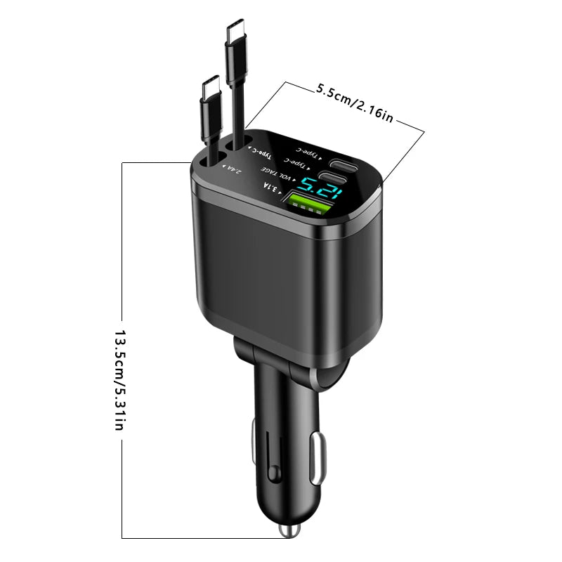 Car charger, car charger with retractable cable, car PD, car fast charging, super fast charging, flash charging, five in one cig