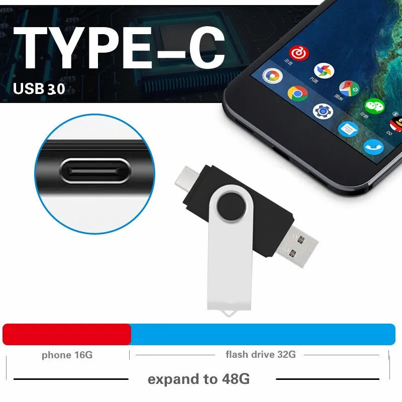 TYPE-C USB3.0 Flash Drive 128GB Key Chain Pen Drive USB Stick High Speed Pendrive for Mobile Phone 64GB