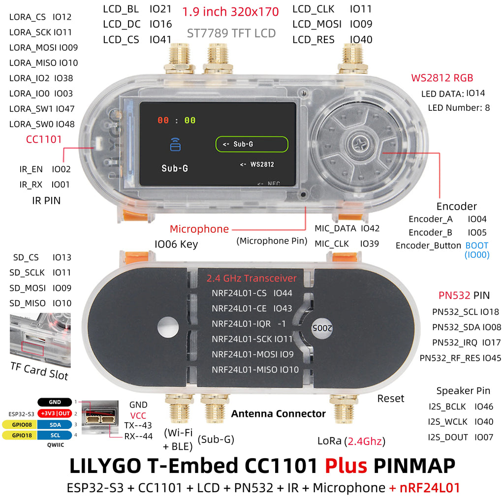 LILYGO® T-Embed ESP32-S3 CC1101 Low-Power Sub-1 GHz RF Transceiver PN532 NFC RFID I2C Module LCD Board Built-in Battery 1300mAh