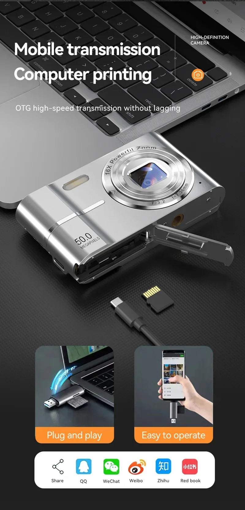 Lenovo 5K Digital Camera 50MP 16X Student Camera Outdoor Anti-Shake Digital Video Camera Flash Video Recorder Small Video Camera