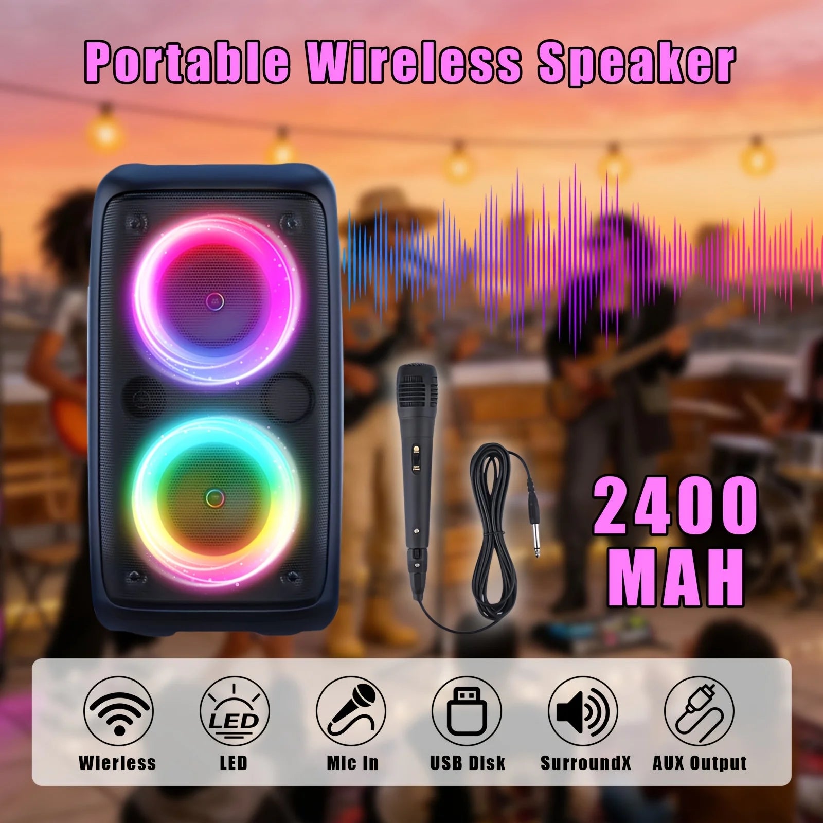 6000W Portable Speaker, Wireless Stereo, TWS, Color Lights, USB/TF Card, for Outdoor, Camping, Backyard Party, Bluetooth Speaker