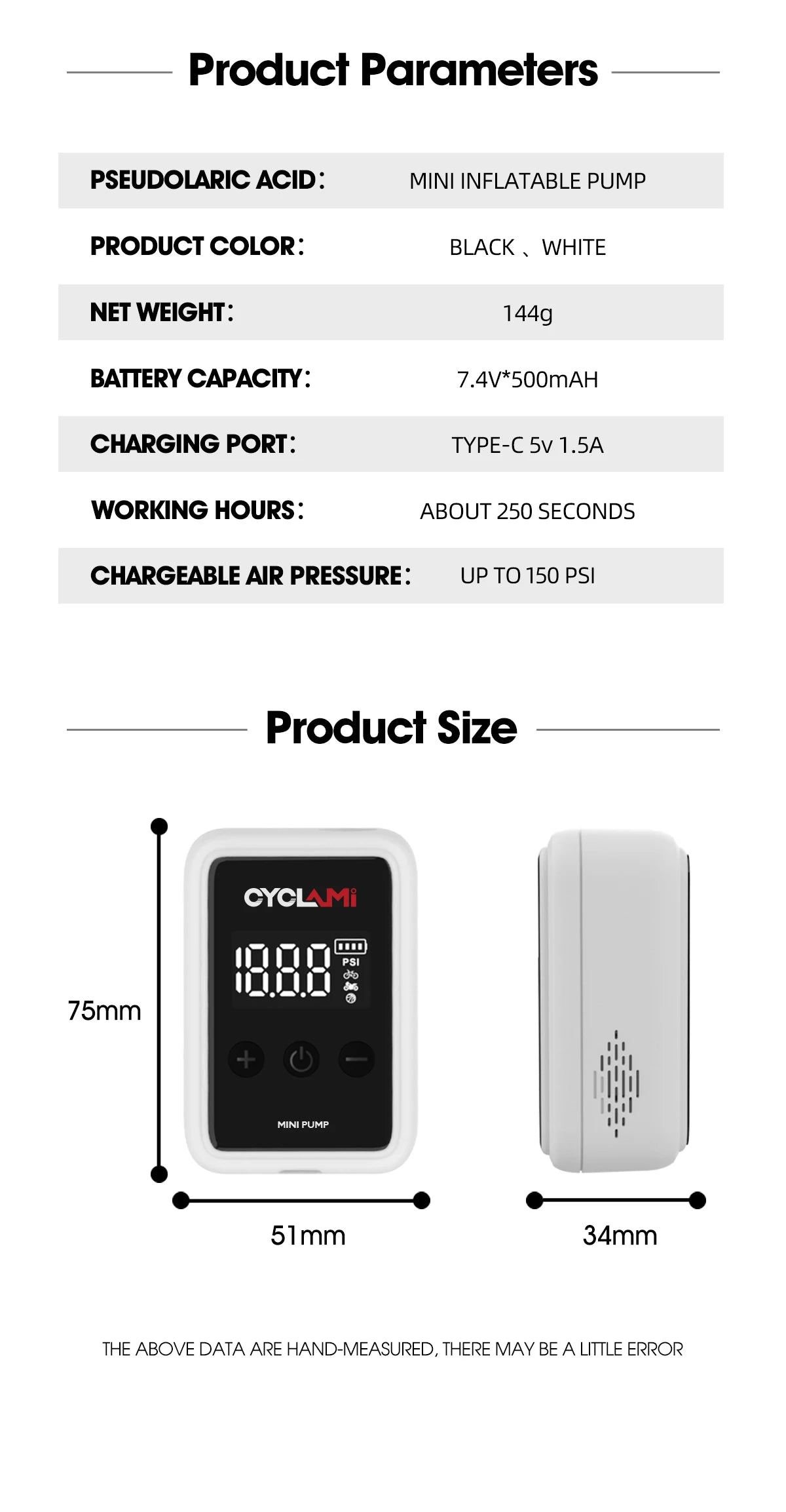 150PSI Portable Pocket Bike Electric Air Pump Schrader Presta Valve MTB MINI Rechargeable Compressor Tire Inflator CYCLAMI HW125