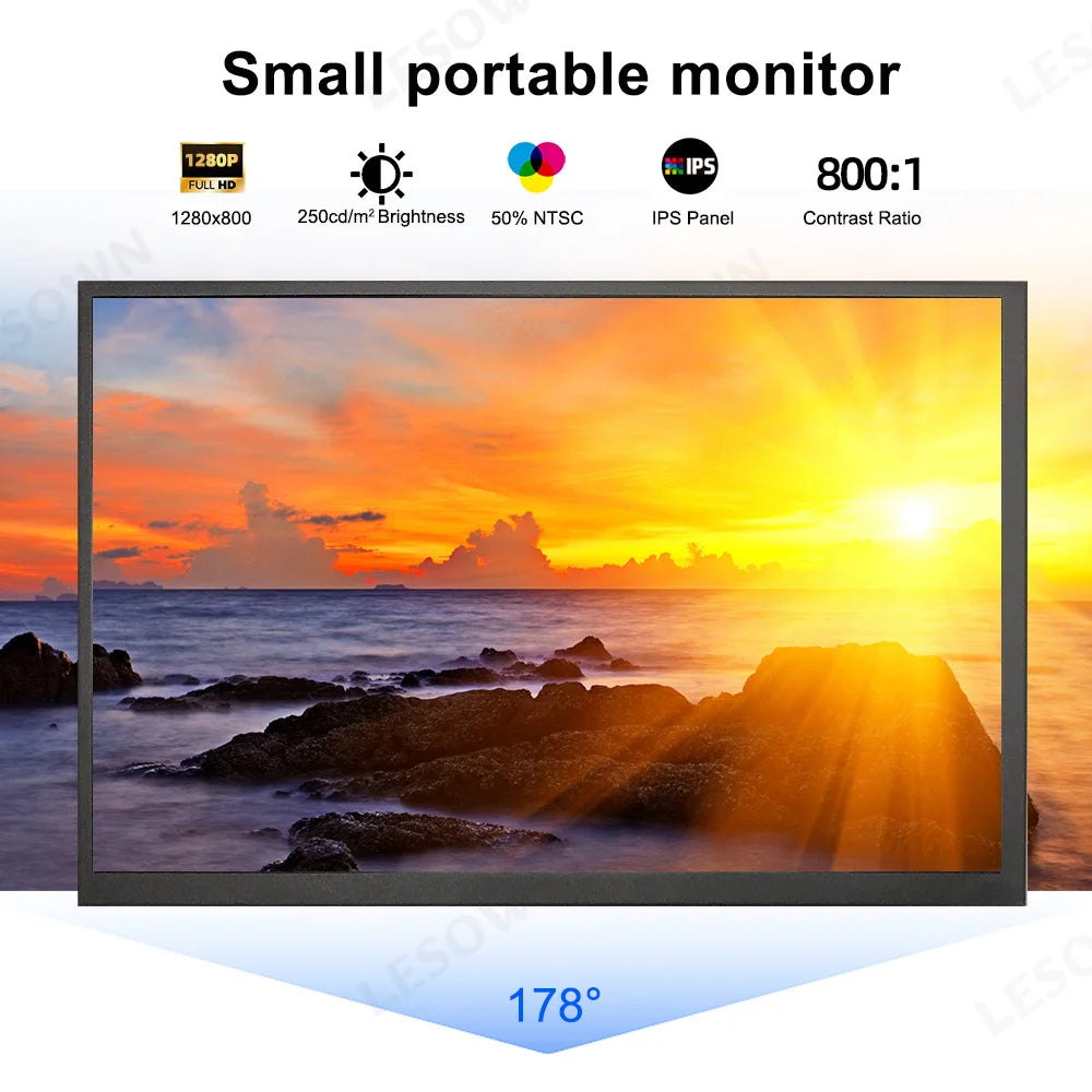 LESOWN Small Portable Monitor 10.1'' IPS 1280x800 USB C HDMI Laptop Second Screen External Display for Document Work PC