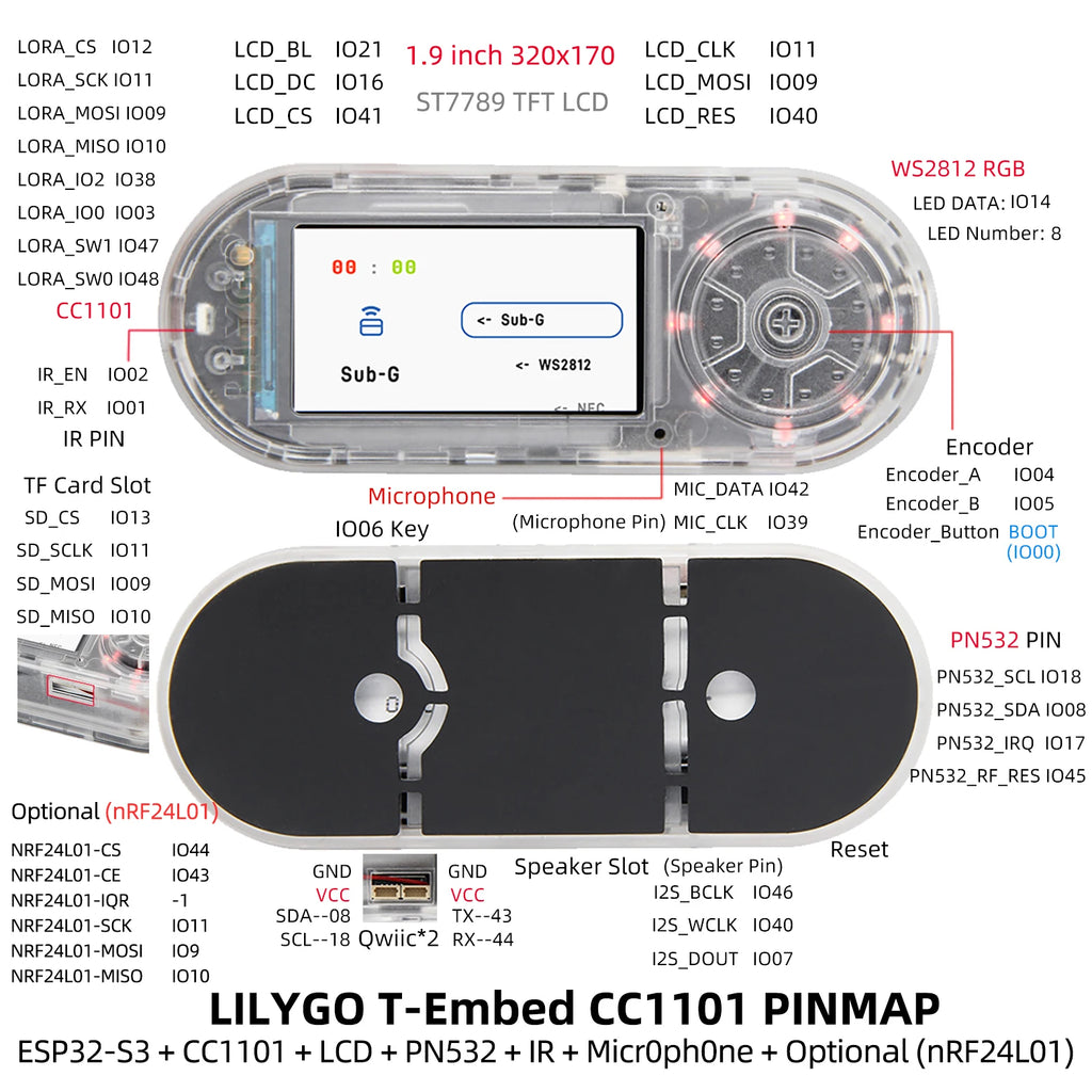 LILYGO® T-Embed ESP32-S3 CC1101 Low-Power Sub-1 GHz RF Transceiver PN532 NFC RFID I2C Module LCD Board Built-in Battery 1300mAh