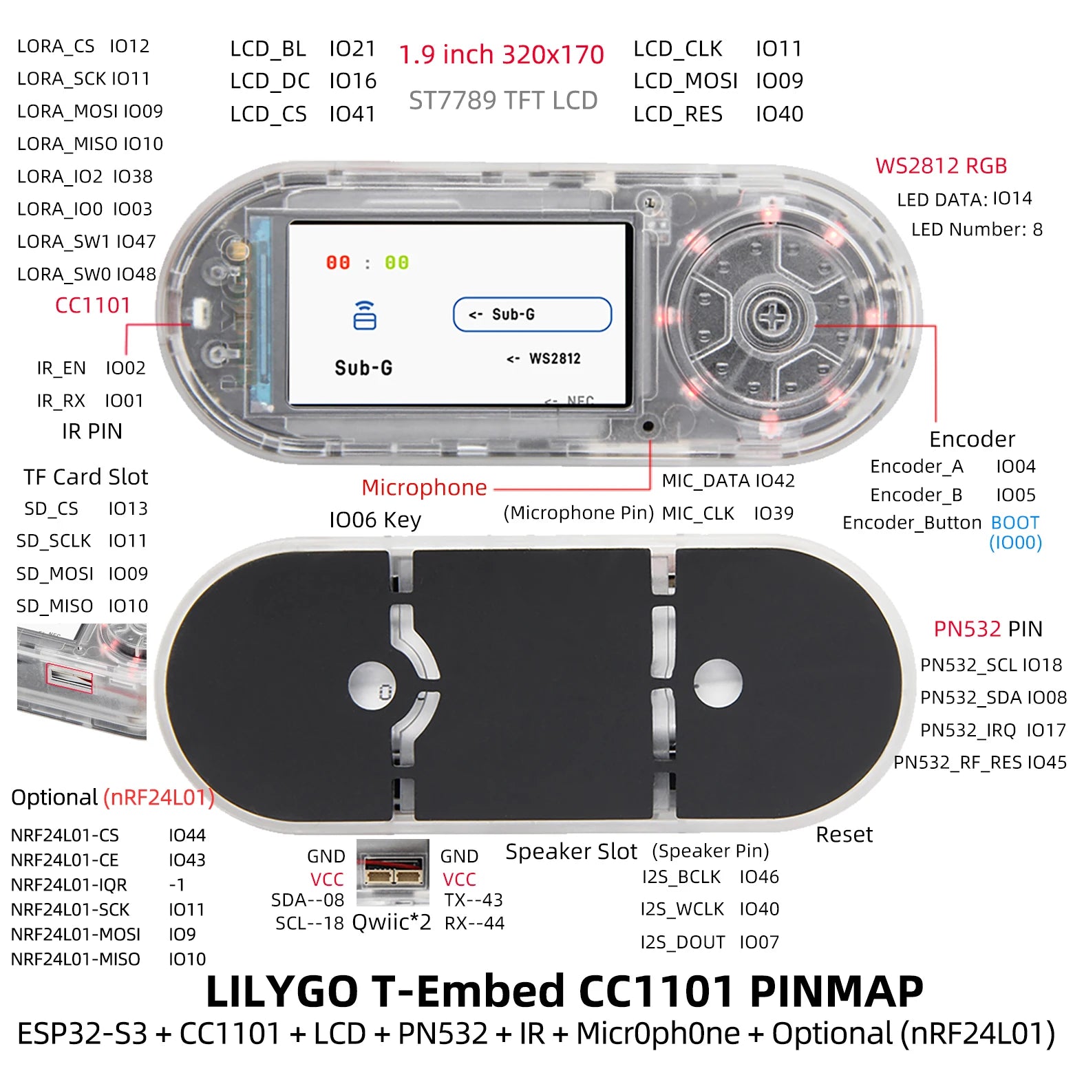 LILYGO® T-Embed ESP32-S3 CC1101 Low-Power Sub-1 GHz RF Transceiver PN532 NFC RFID I2C Module LCD Board Built-in Battery 1300mAh