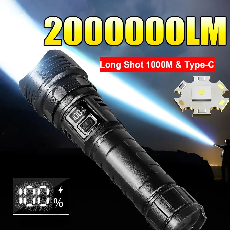 2000000 High Power LED Flashlights Type-C Rechargeable Torch Long Shot 1000M Waterproof Handlamp Outdoor Camping Fishing Lantern