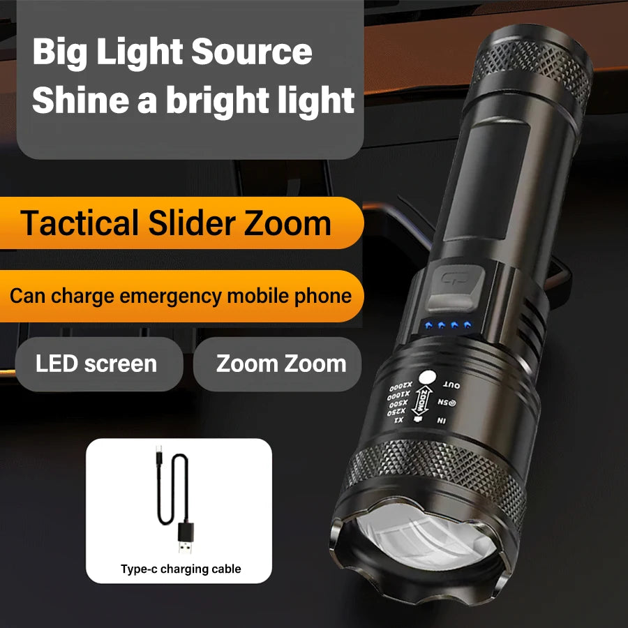 2000000 High Power LED Flashlights Type-C Rechargeable Torch Long Shot 1000M Waterproof Handlamp Outdoor Camping Fishing Lantern