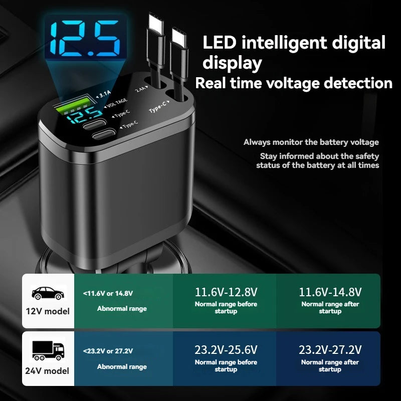 Car charger, car charger with retractable cable, car PD, car fast charging, super fast charging, flash charging, five in one cig