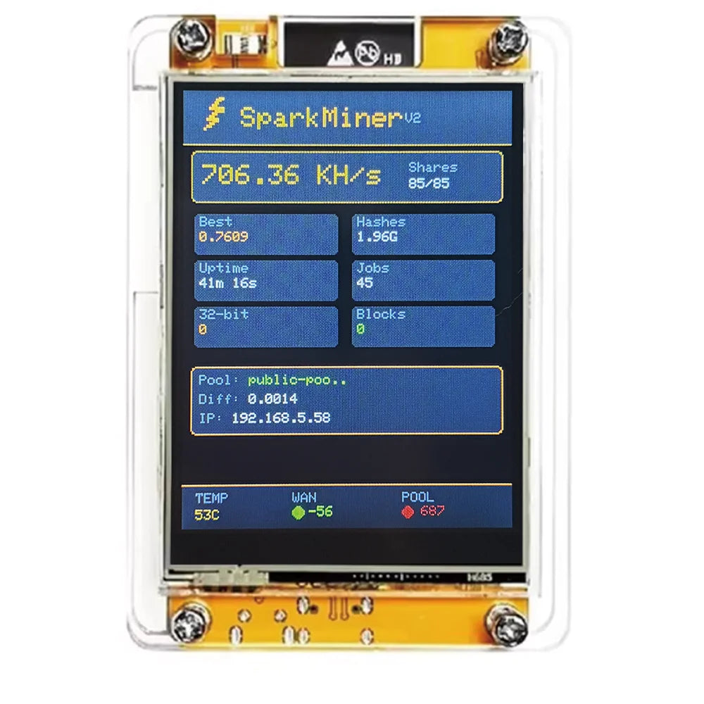 NEW! SparkMiner 700kH/s + Case⚡2x Faster Than Nerdminer BTC Solo Lottery Miner Bitcoin Crypto 2.8" Smart Display